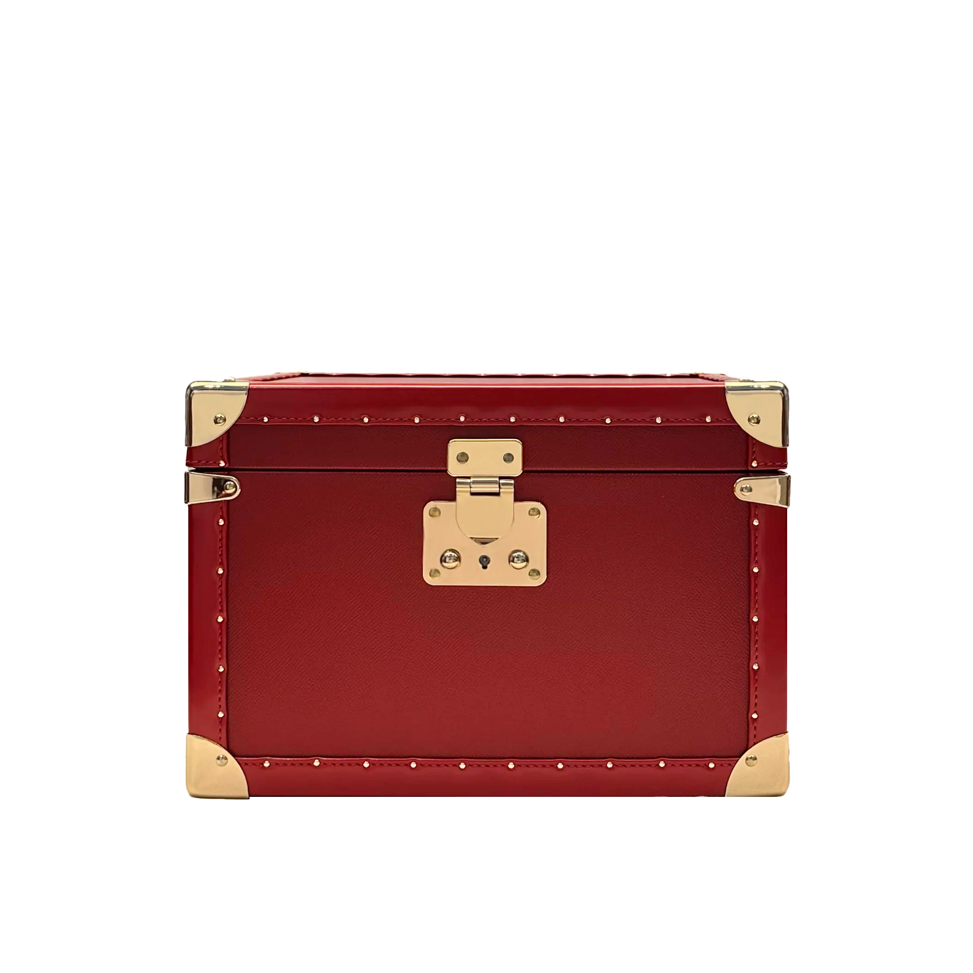 A red leather jewelry box with a secure lock closure and golden brass corners.