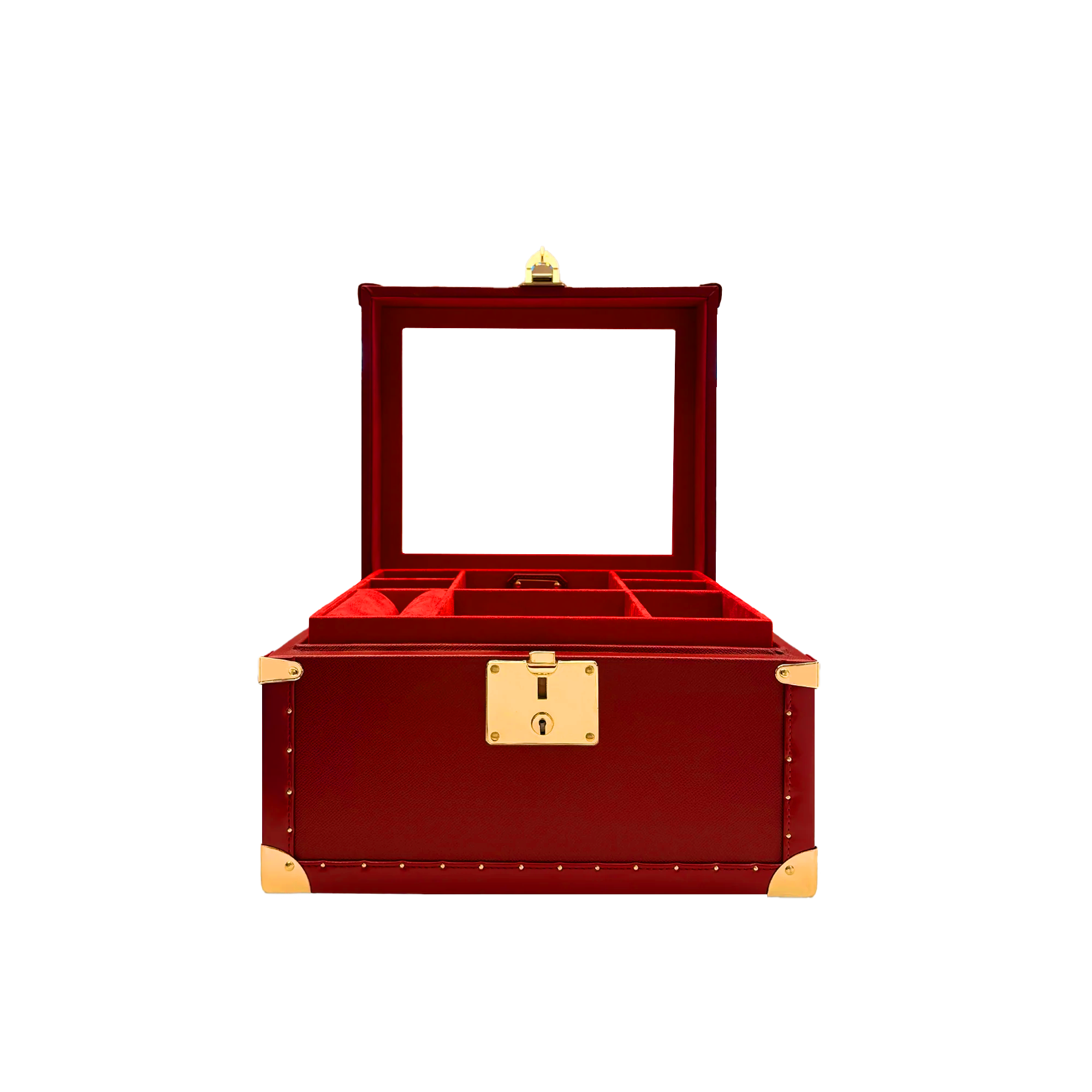 A red leather jewelry box with a secure lock closure and golden brass corners.