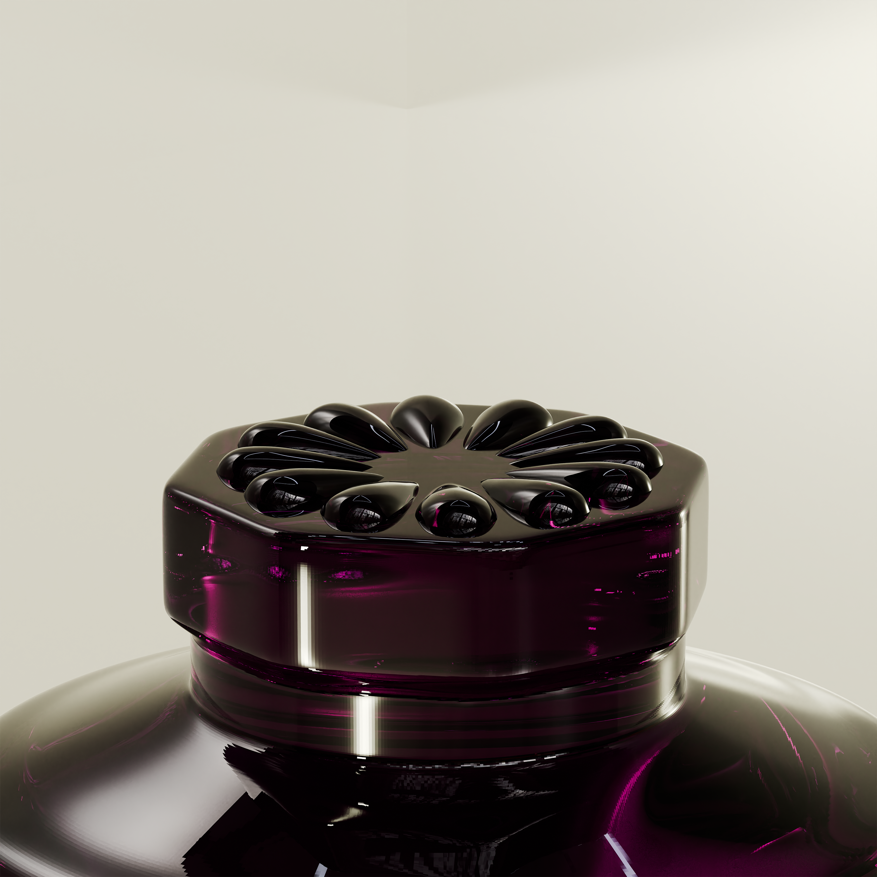 A glass jar with a purple label, containing Areej Al Ameerat Oud Mubakhar Syoufi musk, on a reflective surface with a light source behind it creating a glow.