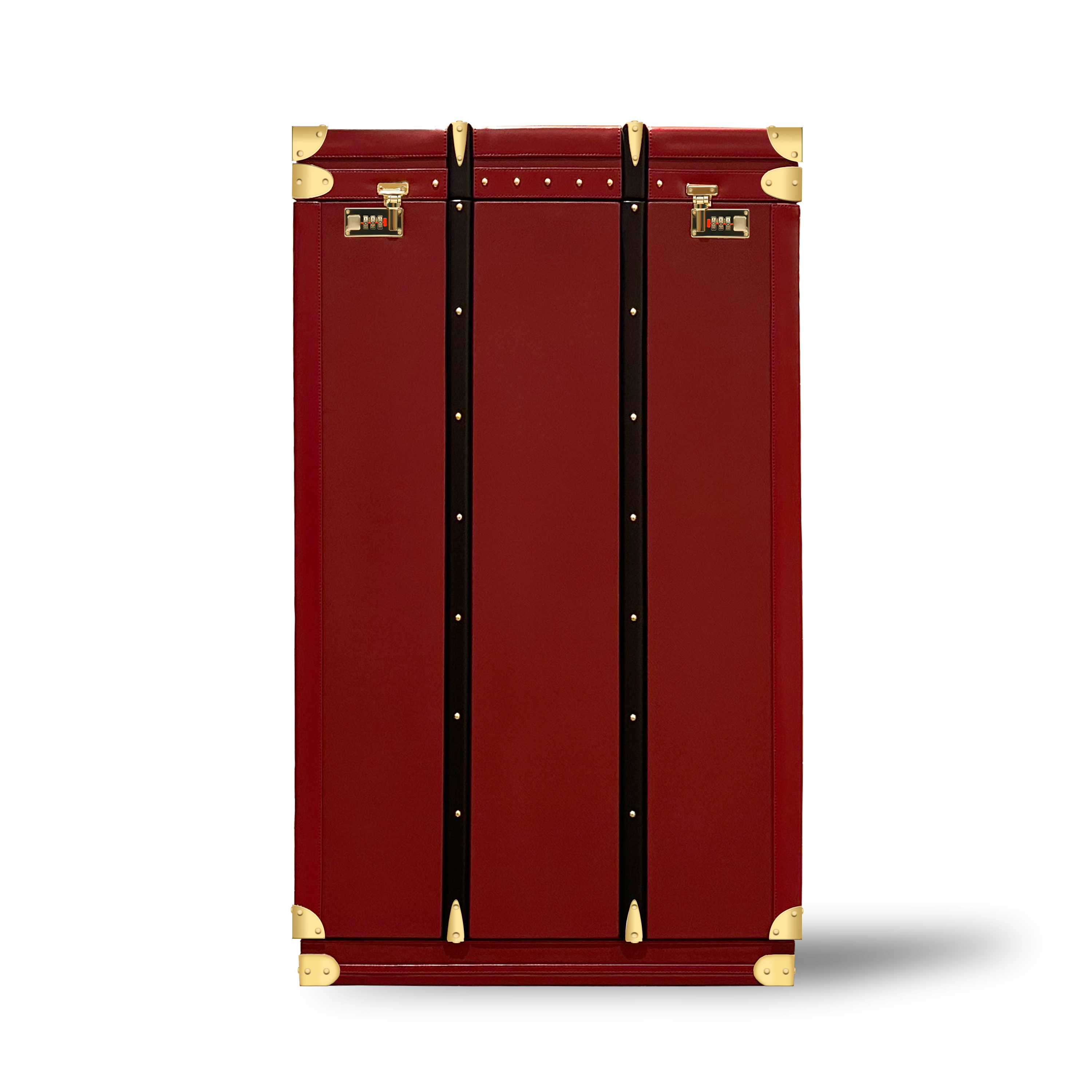 A luxurious red leather perfume trunk with golden brass locks and hardware, featuring a sleek carry handle and leather key strap.