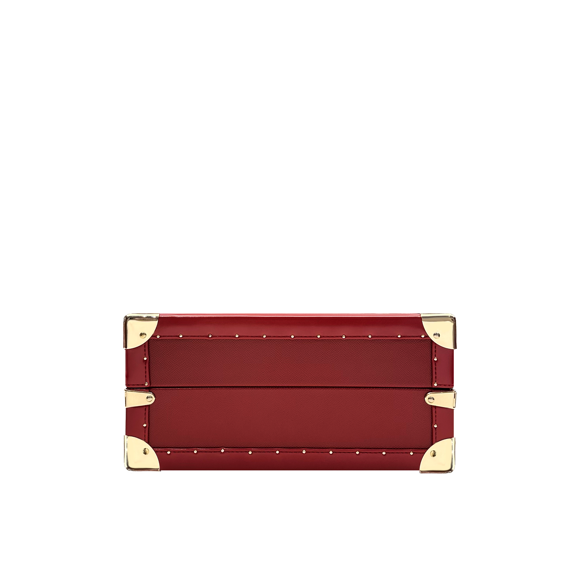 A luxurious red leather jewelry box with a built-in mirror, golden brass corners, and a secure lock.
