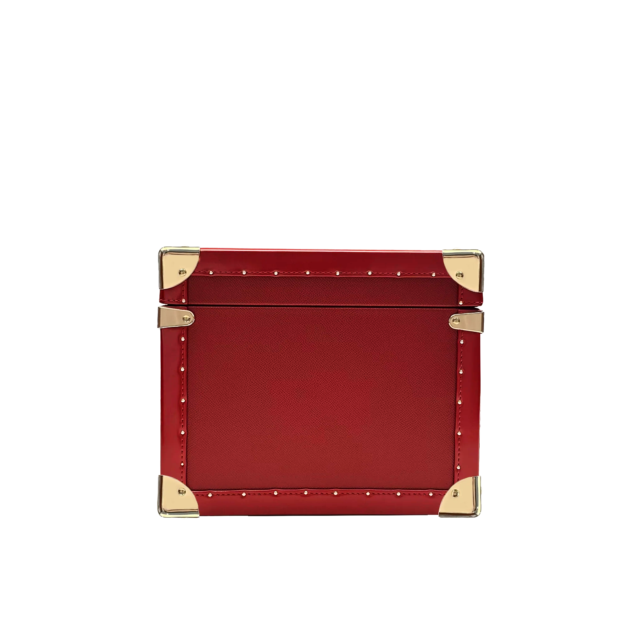A red leather jewelry box with  golden brass corners.