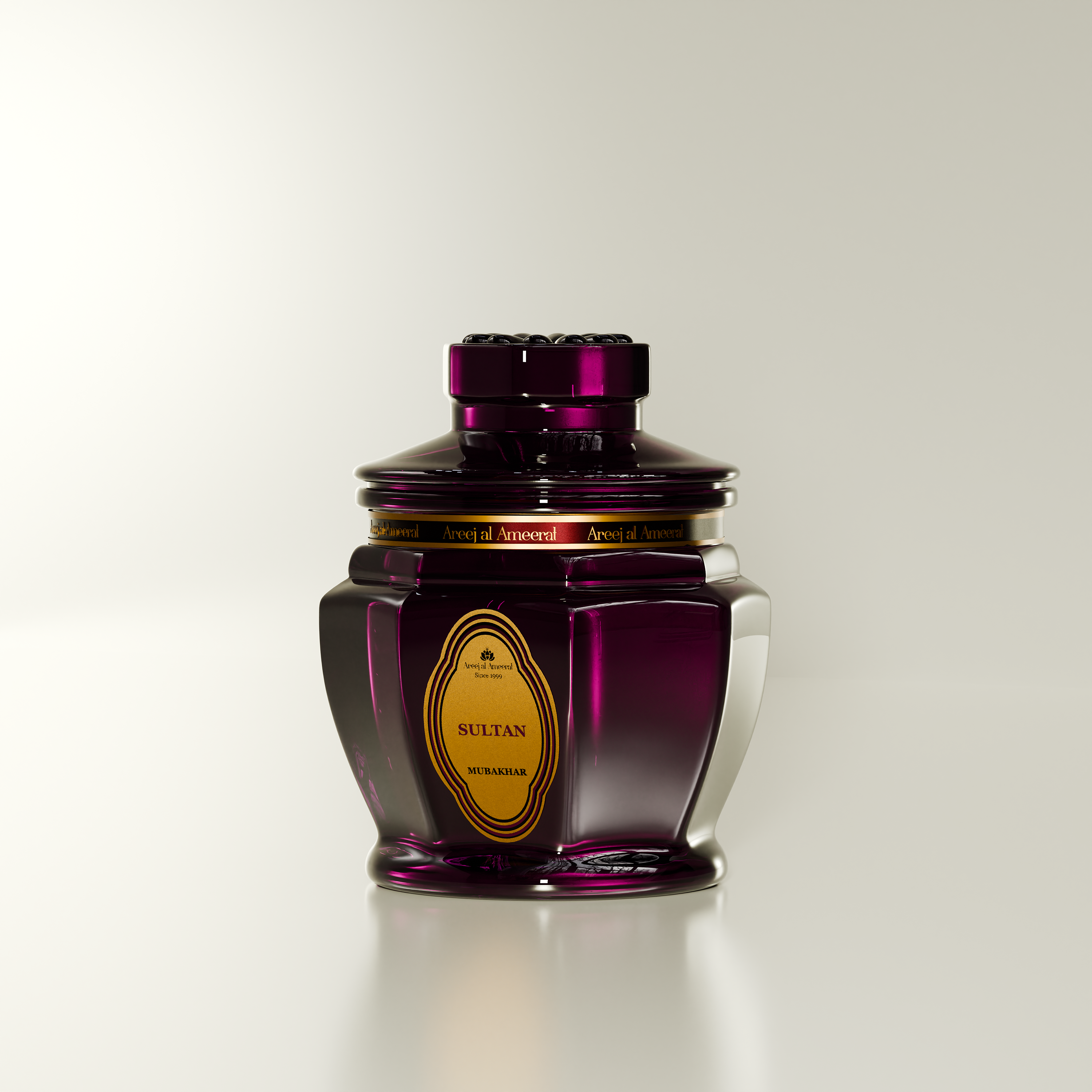 Colored glass jar with a label, containing Oud_Mubakhar_Sultann, against a light background.