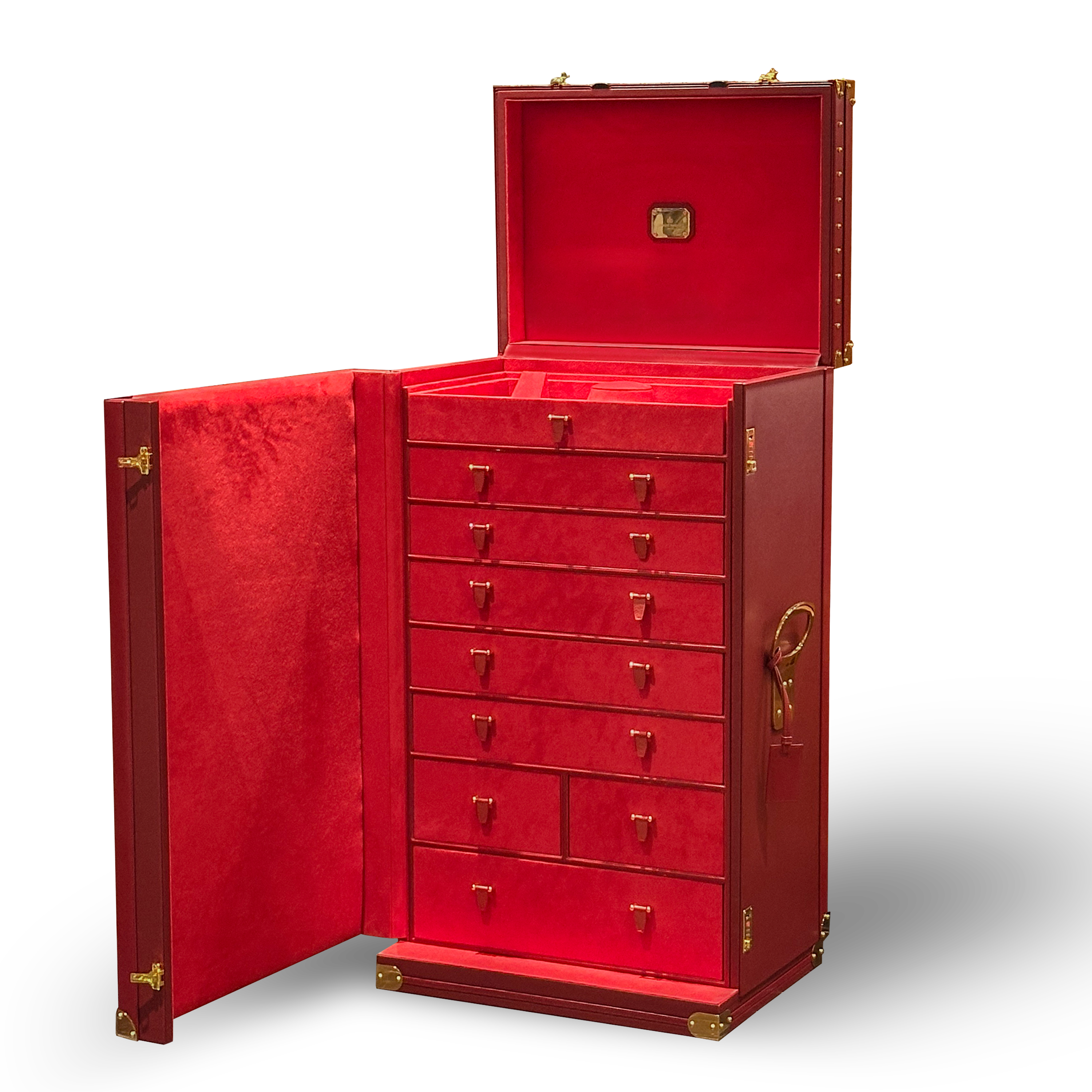 Red perfume box with multiple drawers on a white background